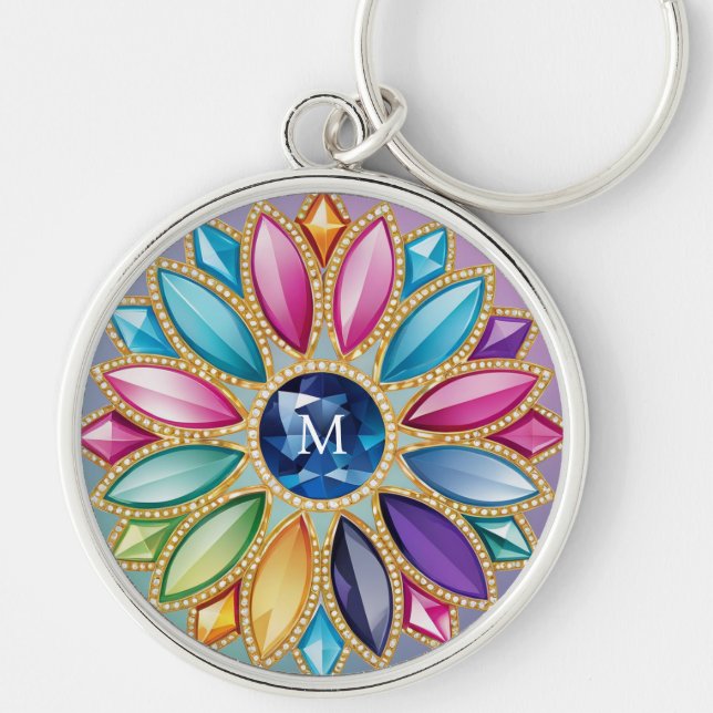 Färgbeklädnad judisk blomma rund silverfärgad nyckelring (Framsidan)