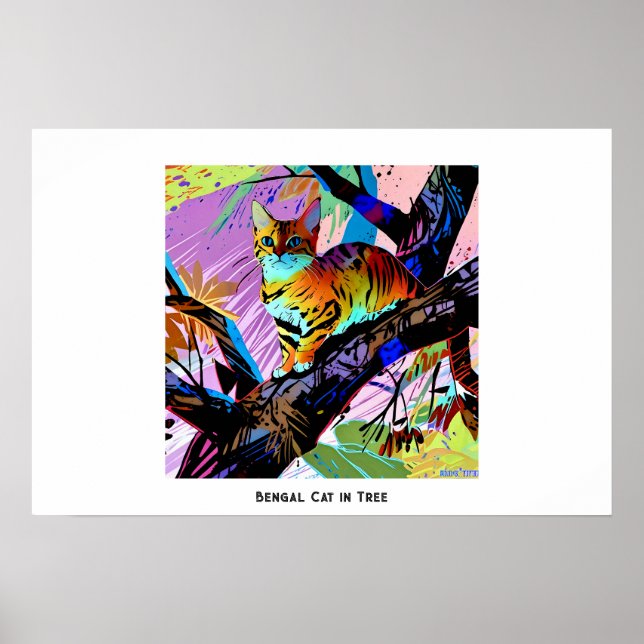 Färgbelagd Abstrakt Pap Art Bengal Cat i Träd Poster (Framsidan)