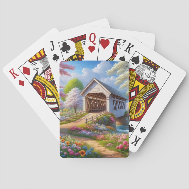 Färgbelagd bron och flod med vår/blommigt casinokort (Baksidan)
