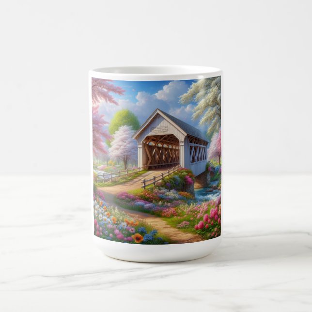 Färgbelagd bron och flod med vår/blommigt kaffemugg (Center)
