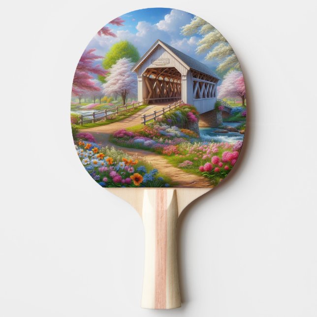 Färgbelagd bron och flod med vår/blommigt pingisracket (Framsidan)