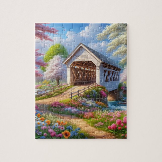 Färgbelagd bron och flod med vår/blommigt pussel (Vertikal)