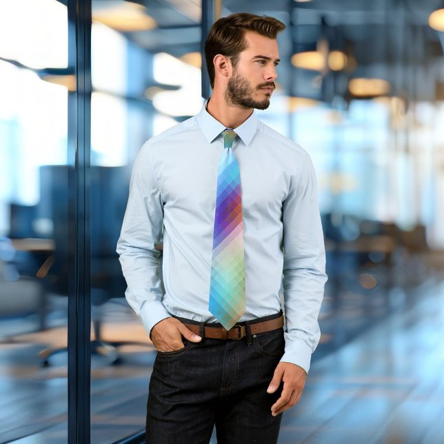 Färgbelagd glasmosaik slips (A modern design tie featuring a mosaic checkered pattern in the vibrant colors of a sunset at sea)