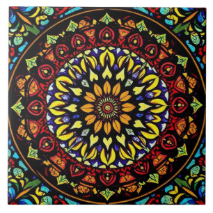 Färgbelagd glasruta Blommigt Mandala Artwork Kakelplatta