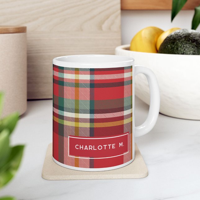 Färgbelagd klassisk Personlig Kaffemugg (Rustic Plaid Personalized Teachers 11oz Coffee Mug)