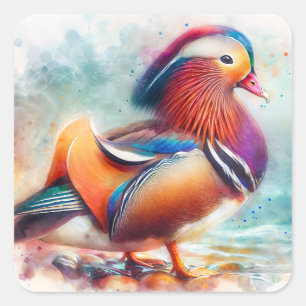Färgbeläggning av Mandarin Anka Watercolor Art Fyrkantigt Klistermärke