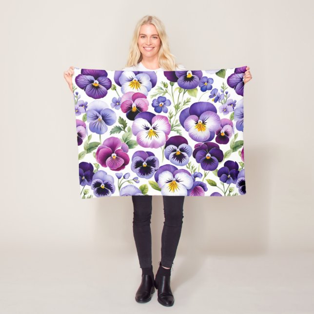 Färgbeläggning av vattenfärg Pansy Flowers Vit bak Fleecefilt (På plats)