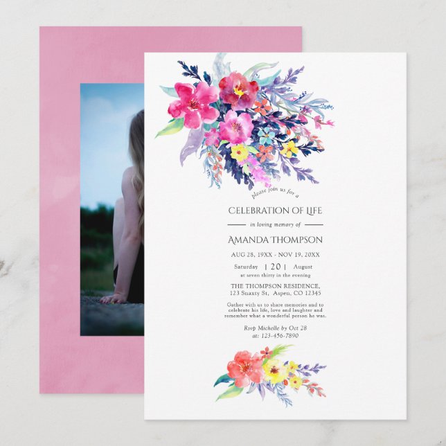 Färgbeläggning av vattenfärgen Blommigt Firande i  Inbjudningar (Fram/baksida)