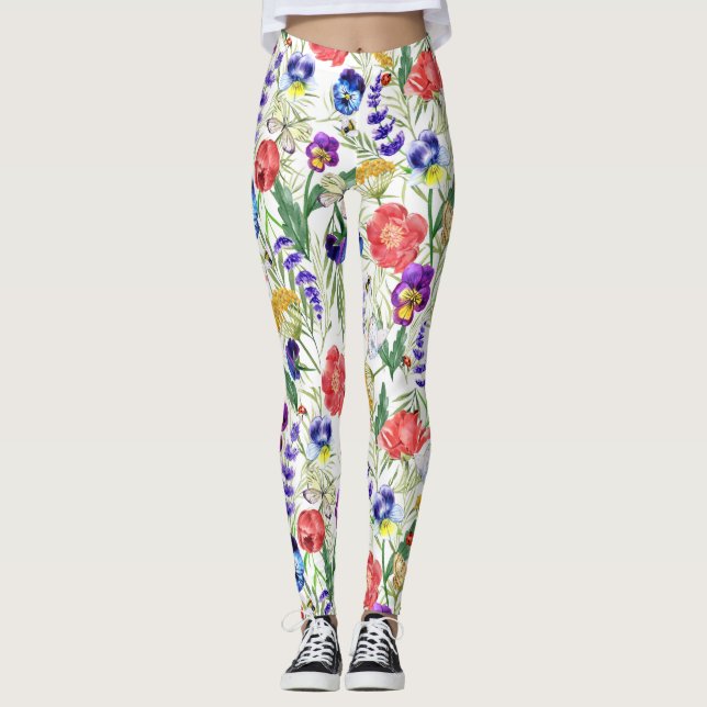 Färgbeläggning av vattenfärgen Vild Blommor Poppie Leggings (Framsida)