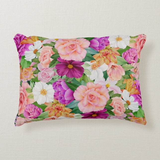 Färgbeläggning av vattenfärgsfärgad Blommigt Garde Prydnadskudde (Framsidan)