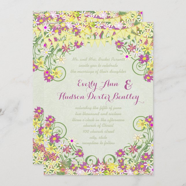 Färgbeläggning Pennant Swirly Blommigt Bröllop Inbjudningar (Fram/baksida)