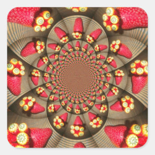 Färgbelyst rött ljus: Jordgubbe Kaleidoscope Art Fyrkantigt Klistermärke