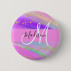 Färgbelyst Unicorn Rainbow Guld Glitter Monogram Knapp
