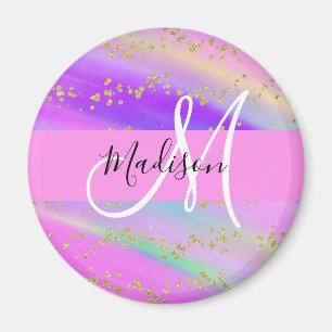 Färgbelyst Unicorn Rainbow Guld Glitter Monogram Magnet