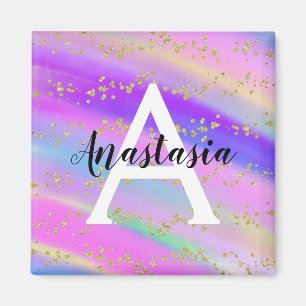 Färgbelyst Unicorn Rainbow Guld Glitter Monogram Magnet