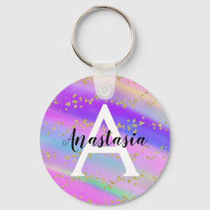Färgbelyst Unicorn Rainbow Guld Glitter Monogram Nyckelring