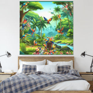 Färgbesläktade tropiska fåglar bland Vibrant, Lush Canvastryck