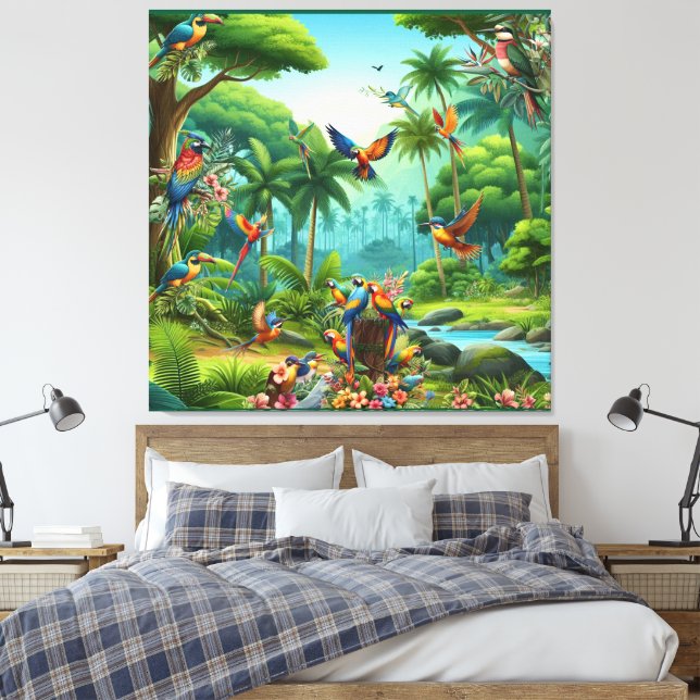 Färgbesläktade tropiska fåglar bland Vibrant, Lush Canvastryck (Insitu (sovrum))