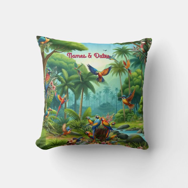 Färgbesläktade tropiska fåglar bland Vibrant, Lush Kudde (Framsida)