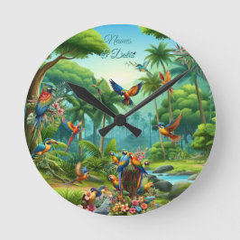 Färgbesläktade tropiska fåglar bland Vibrant, Lush Rund Klocka