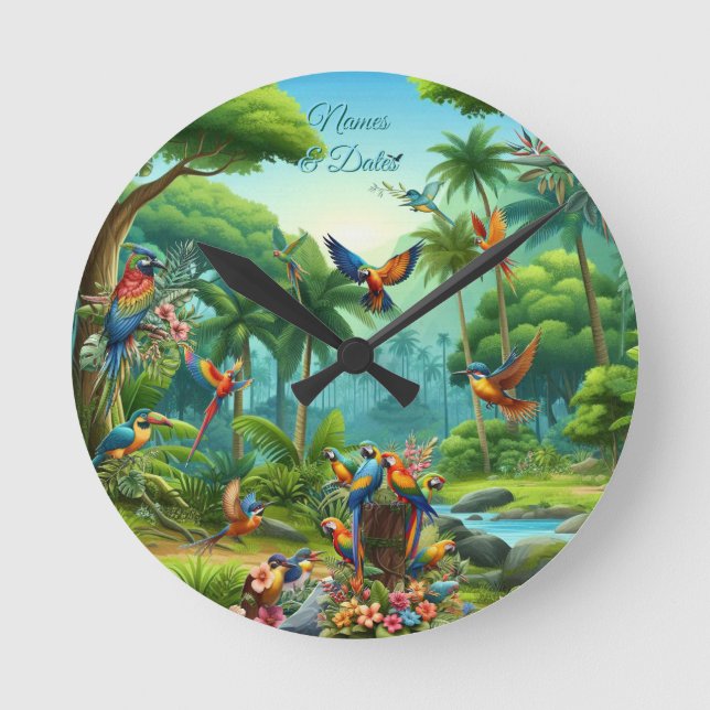 Färgbesläktade tropiska fåglar bland Vibrant, Lush Rund Klocka (Framsida)
