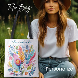 Färgbeständig ludd Blommigt Tote Bag, Boho Stil, Tygkasse