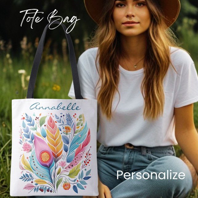 Färgbeständig ludd Blommigt Tote Bag, Boho Stil, Tygkasse (Skapare uppladdad)