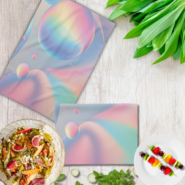 Färgbeständig Psychedelisk Rosa Blue Teal Pastel B Kökshandduk (Colorful, psychedelic and iridescent-looking bubbles of teal, purple, pink, & yellow kitchen towel)