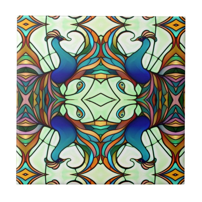 Färgbeständigt art nouveau-pacock-lagat glas Stil Kakelplatta (Framsidan)