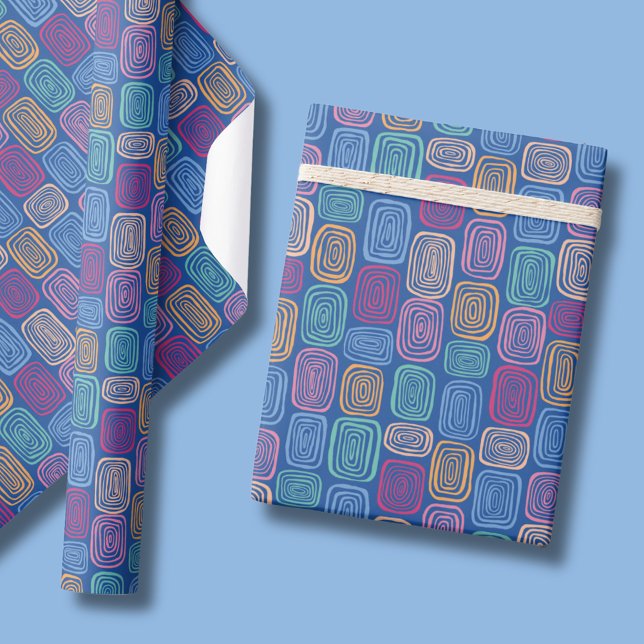 Färgblå abstrakten mönster presentpapper (Modern abstract pattern wrapping paper with circular doodle design in blue)