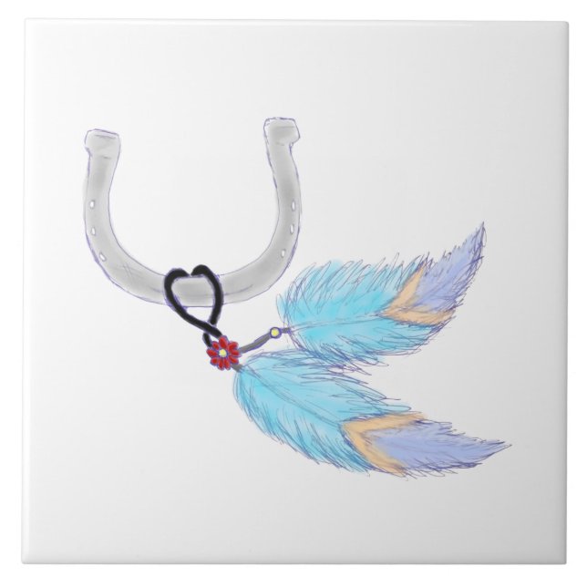 Färgblå fjädrar Horseshoe Tile Kakelplatta (Framsidan)