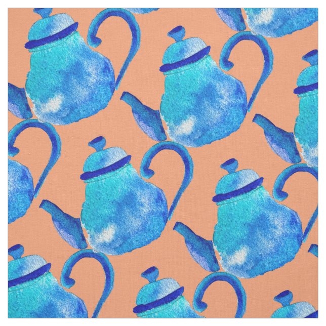 Färgblå tekanna, vattenfärg tyg (Provkarta)