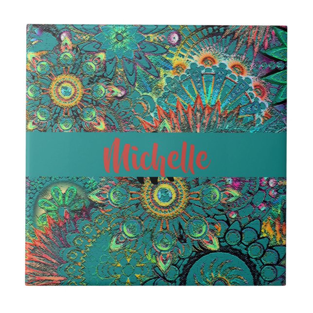 Färgblått Boheminan Boho Hippie Mönster Retro Kakelplatta (Framsidan)