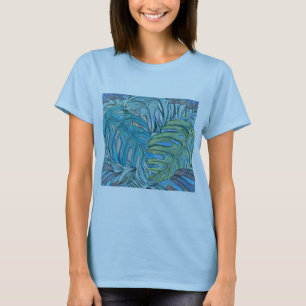 Färgblått grönt tropiska löv vattenfärg t shirt