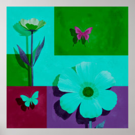 Färgblock blomsterkonsttryck med fjärilar poster