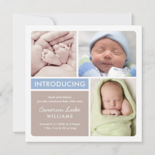 Färgblock Fotokollage Blå Taupe Baby Pojke Födelse Meddelande