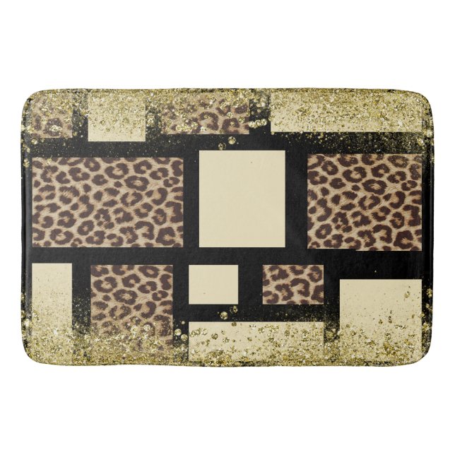 Färgblock Kräm Elfenben Svart & Leopard Gepard Badrumsmatta (Framsidan)
