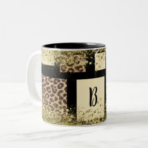 Färgblock Kräm Elfenben Svart & Leopard Gepard Två-Tonad Mugg