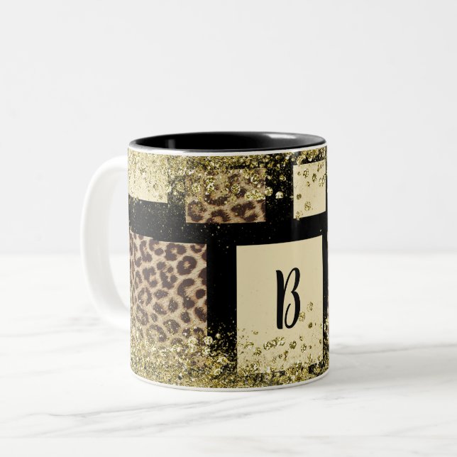 Färgblock Kräm Elfenben Svart & Leopard Gepard Två-Tonad Mugg (Framsida vänster)