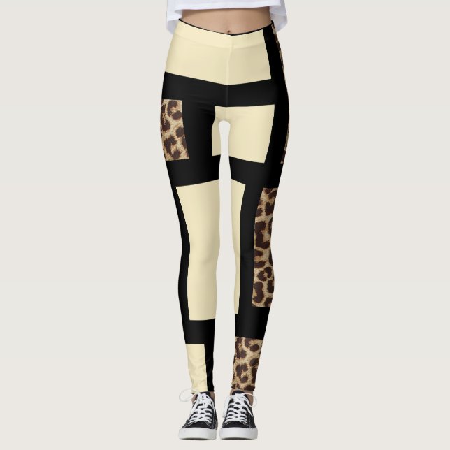 Färgblock Krem Ivory Svart & Leopard Cheetah Leggings (Framsida)
