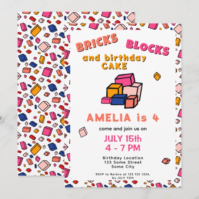 Färgblock Mönster Teckning Barns födelsedag Inbjudningar (Fram/baksida)