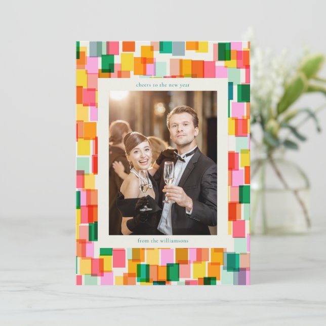 Färgblockerad Konfetti Glädjerik Modern Nyår Julkort (Stående Fram)