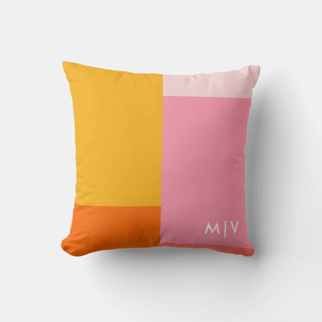 FärgblocksRosa och Orange | Modern monogram Kudde (Framsida)