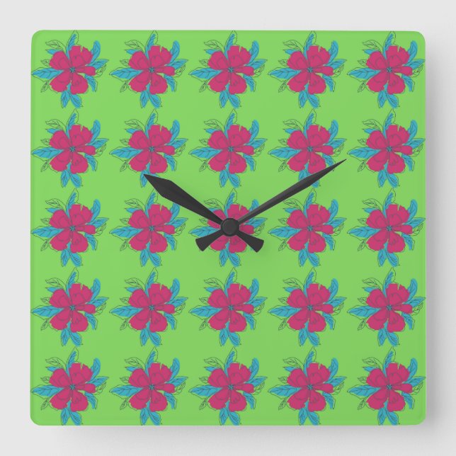 Färgblomma Mönster i Gröntens bakgrund Fyrkantig Klocka (Framsida)