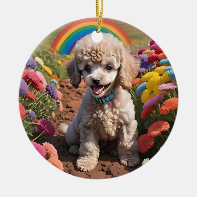 Färgblomma och regnbåge i Cute Pudel Julgransprydnad Keramik (Framsidan)