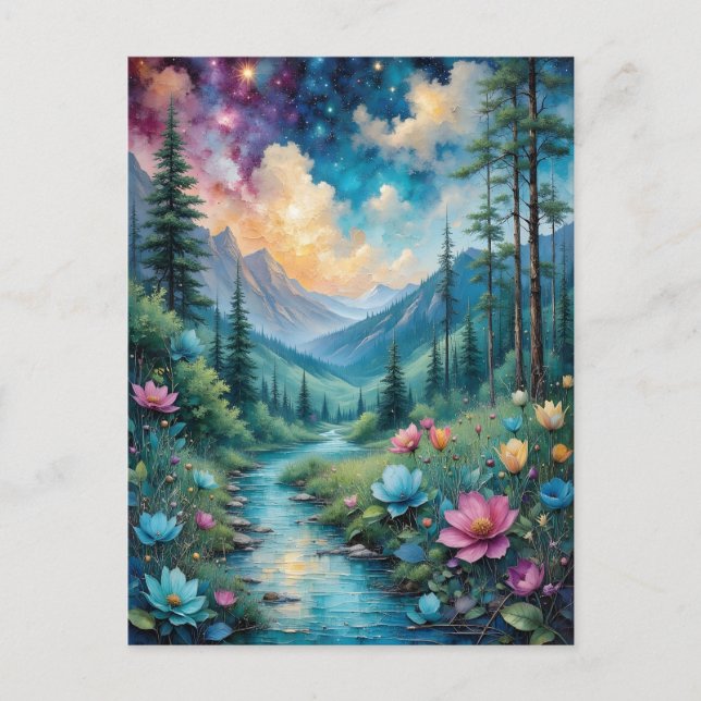 Färgblommor a Stream och Vild Natur Vykort (Framsida)