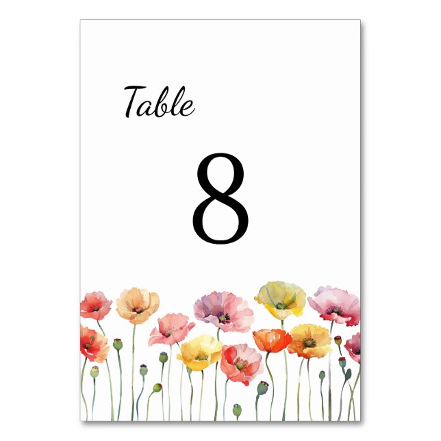 Färgblommor av vallmo vild bröllop bordsnummer (Framsidan)