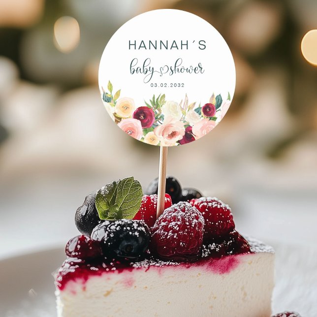 Färgblommor Babykläder Runt Klistermärke (Colorful Flowers, Baby Shower Classic Round Sticker with your name and date.)