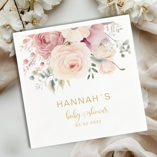 Färgblommor, babyskor pappersservett (Colorful Flowers, Baby Shower Napkins with your name and date.)