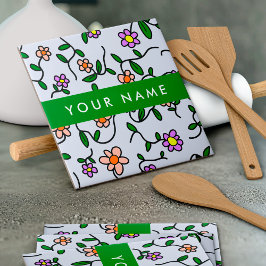 Färgblommor, blå bakgrund, Grönt Kakelplatta